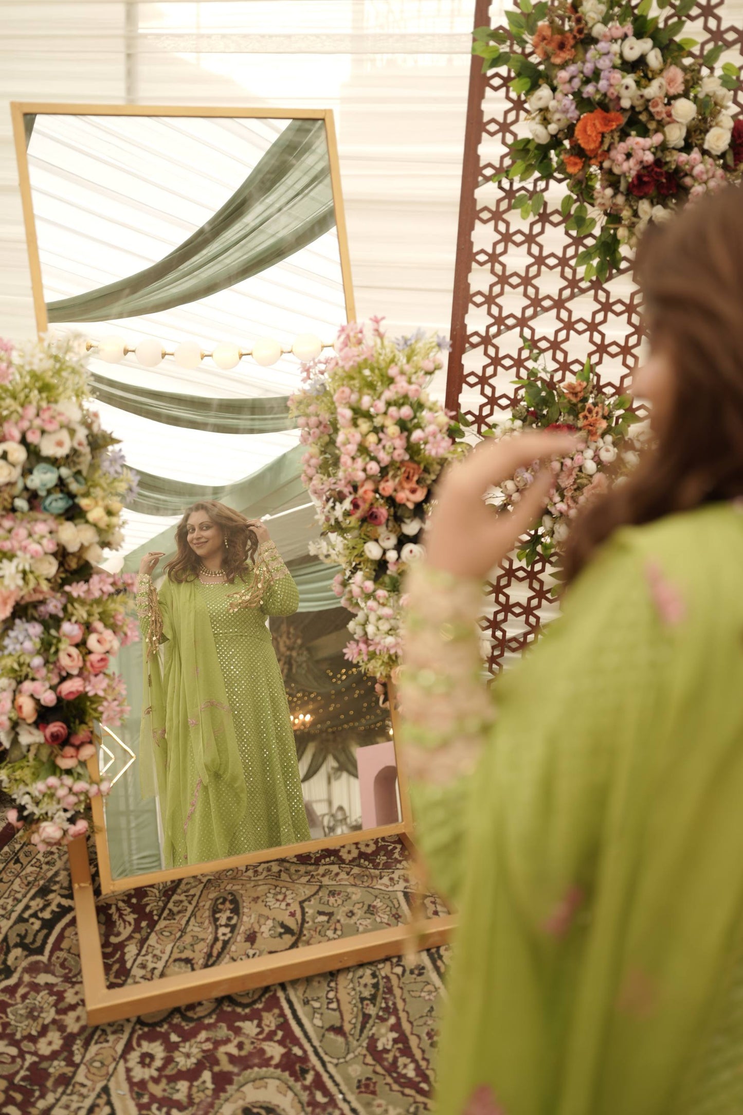 3-Piece Green Mirrorwork Anarkali with Dangling Tassles and Aari Work Dupatta