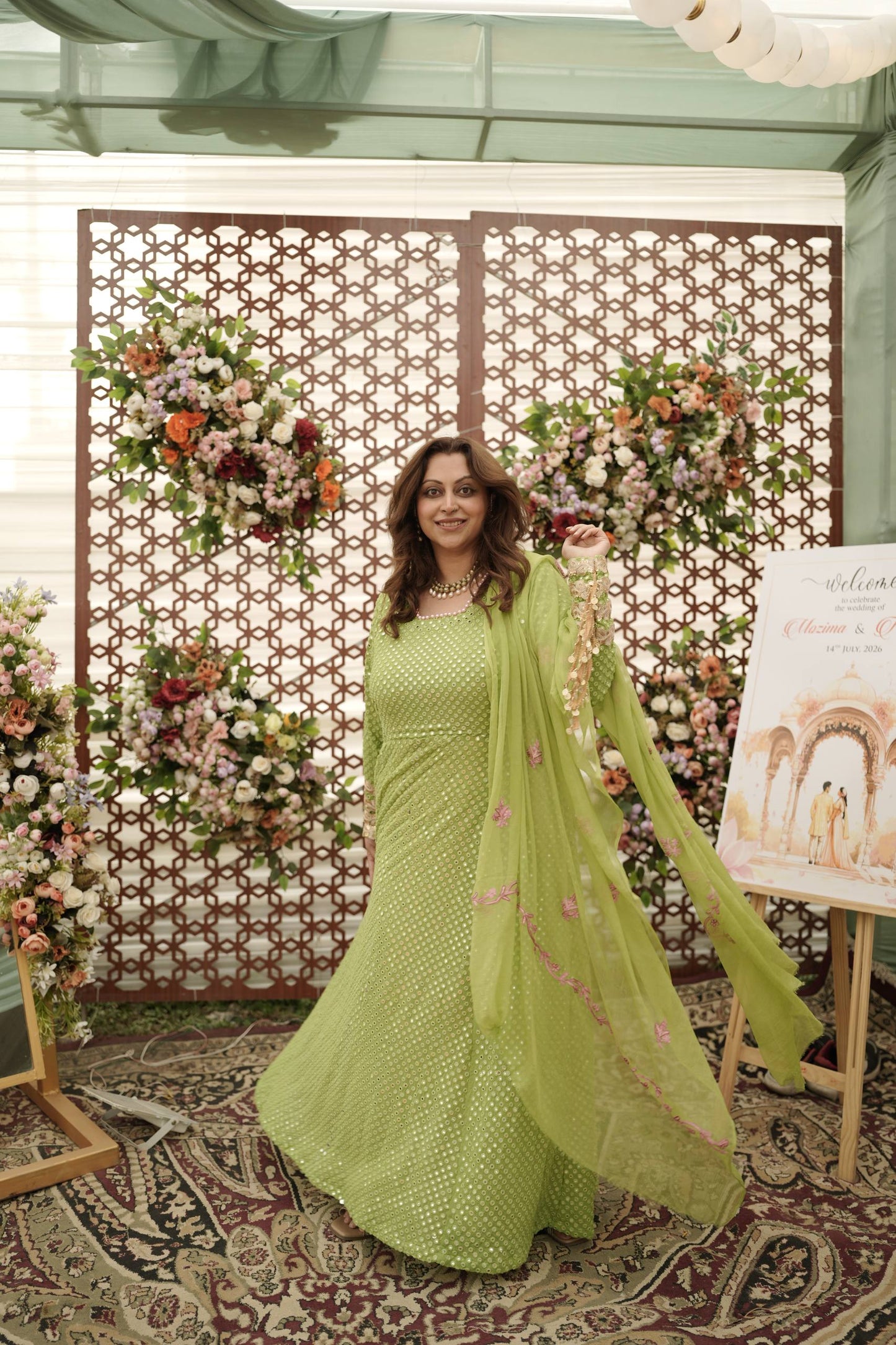 3-Piece Green Mirrorwork Anarkali with Dangling Tassles and Aari Work Dupatta