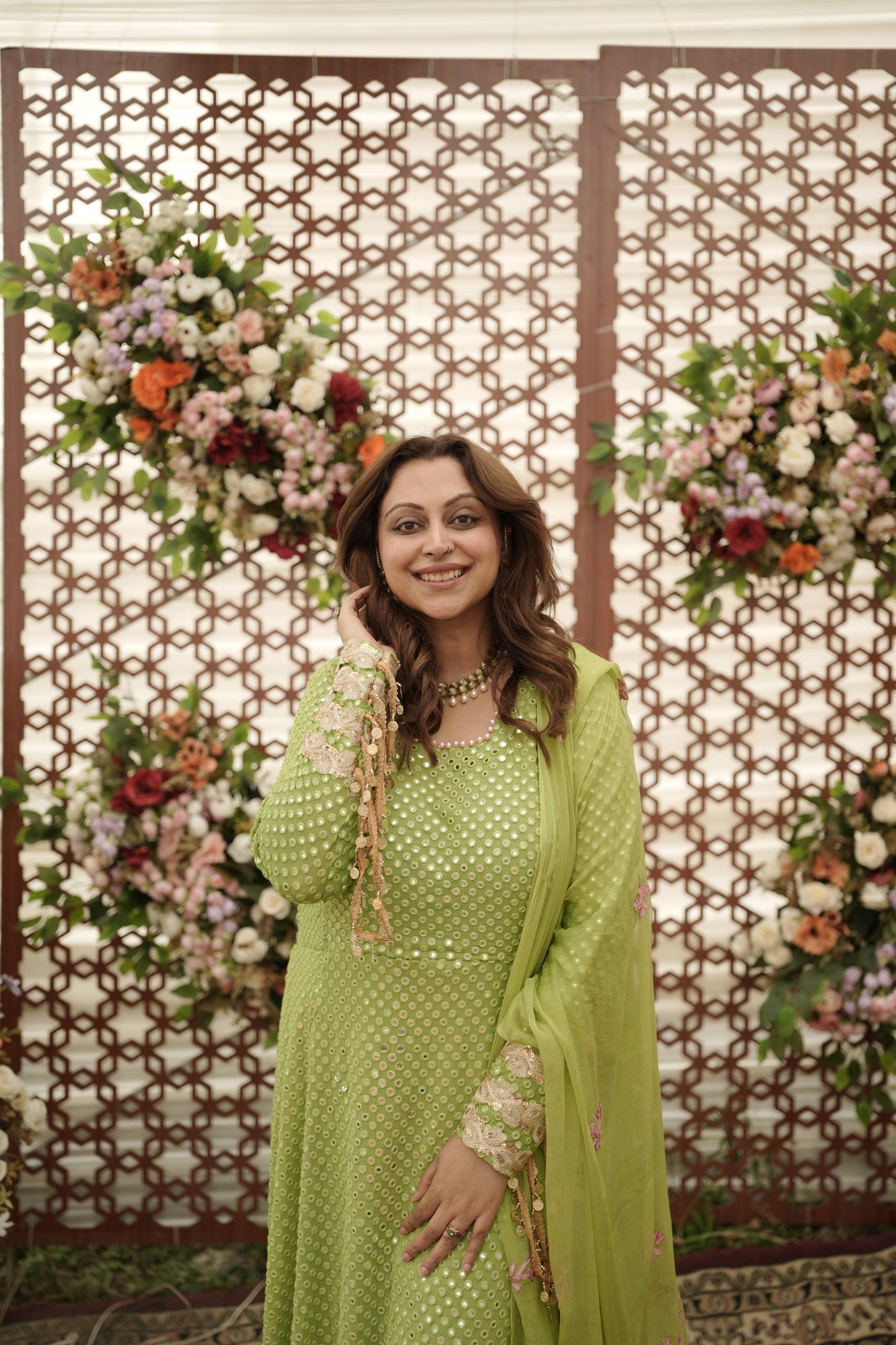 3-Piece Green Mirrorwork Anarkali with Dangling Tassles and Aari Work Dupatta
