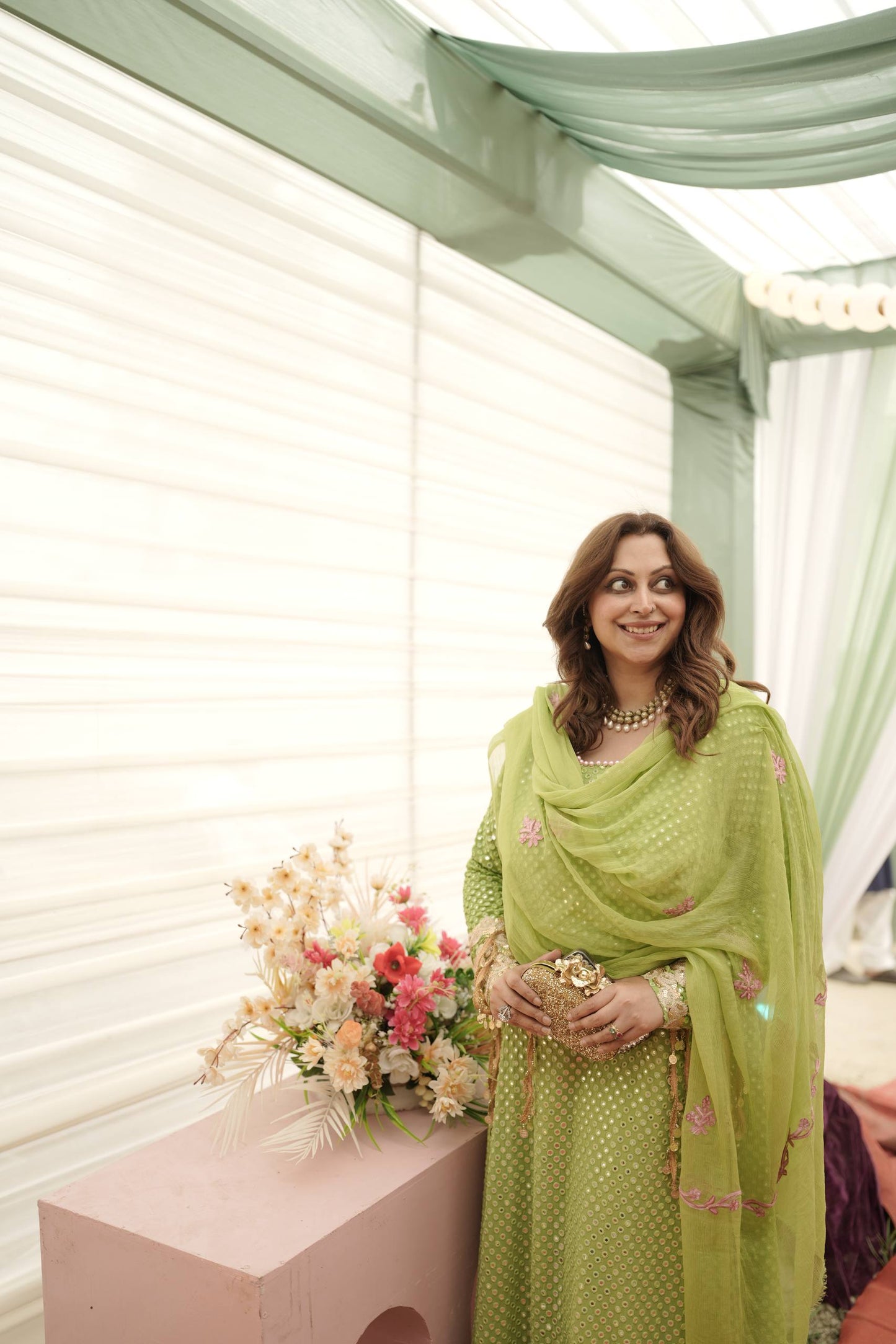 3-Piece Green Mirrorwork Anarkali with Dangling Tassles and Aari Work Dupatta