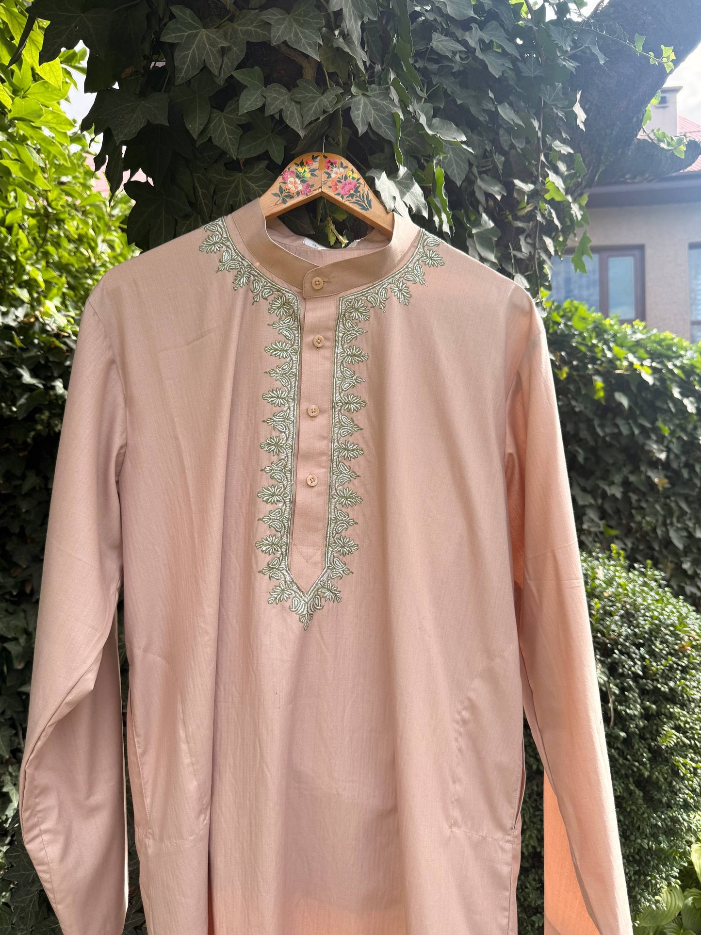Men's 2-Piece Shalwar Kameez - Nun Chai Pink with Green Sozni Hand Embroidered Work on Neckline