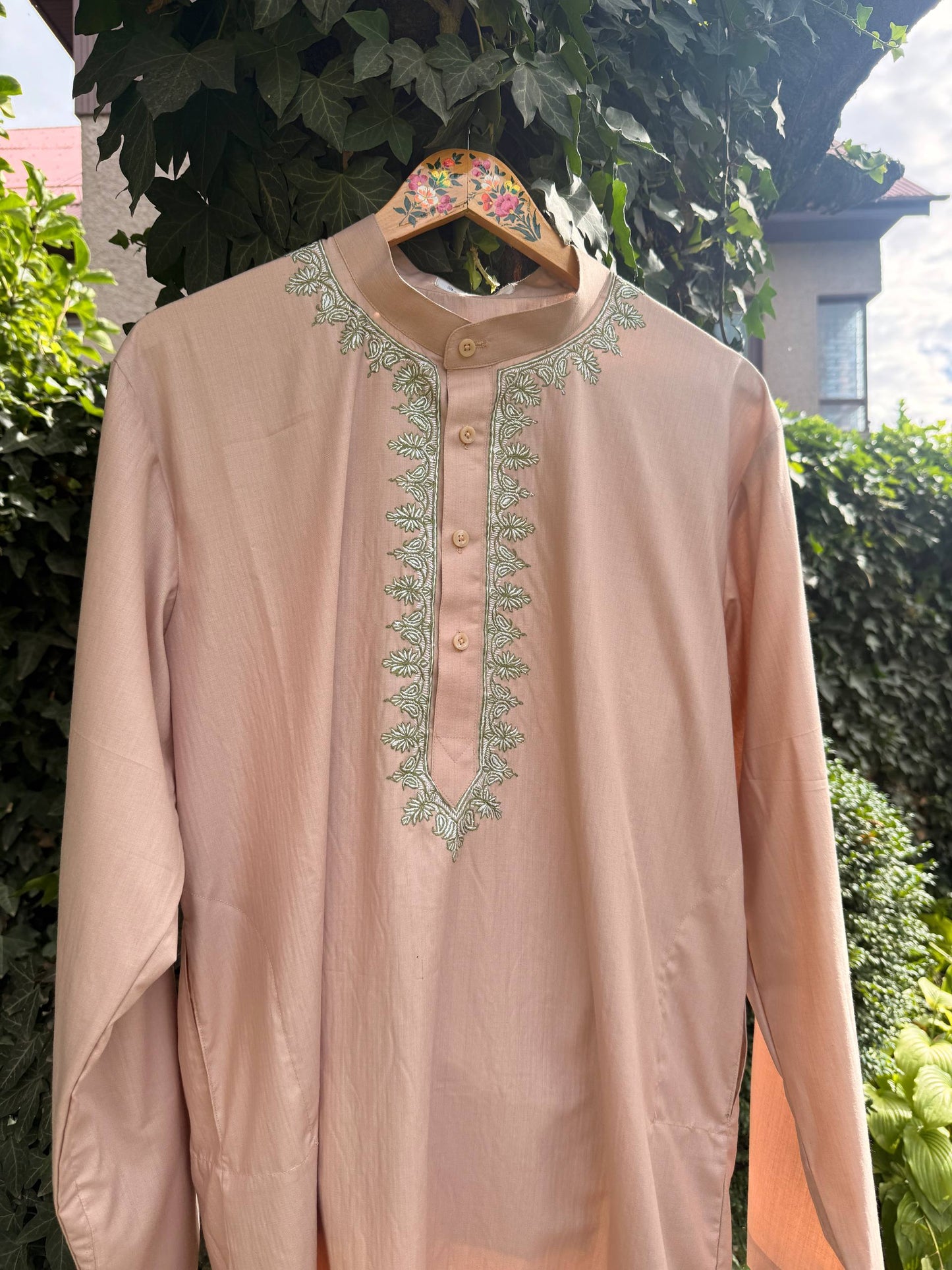 Men's 2-Piece Shalwar Kameez - Nun Chai Pink with Green Sozni Hand Embroidered Work on Neckline