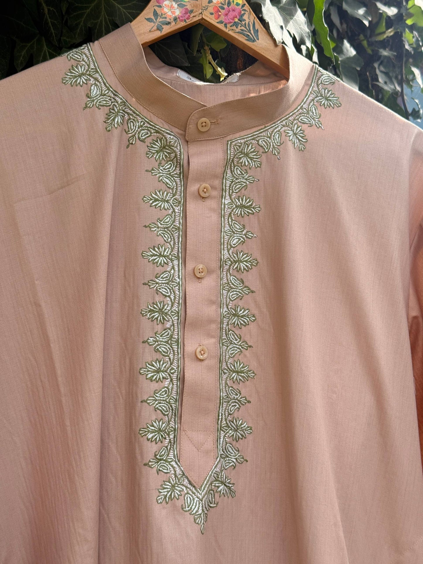 Men's 2-Piece Shalwar Kameez - Nun Chai Pink with Green Sozni Hand Embroidered Work on Neckline