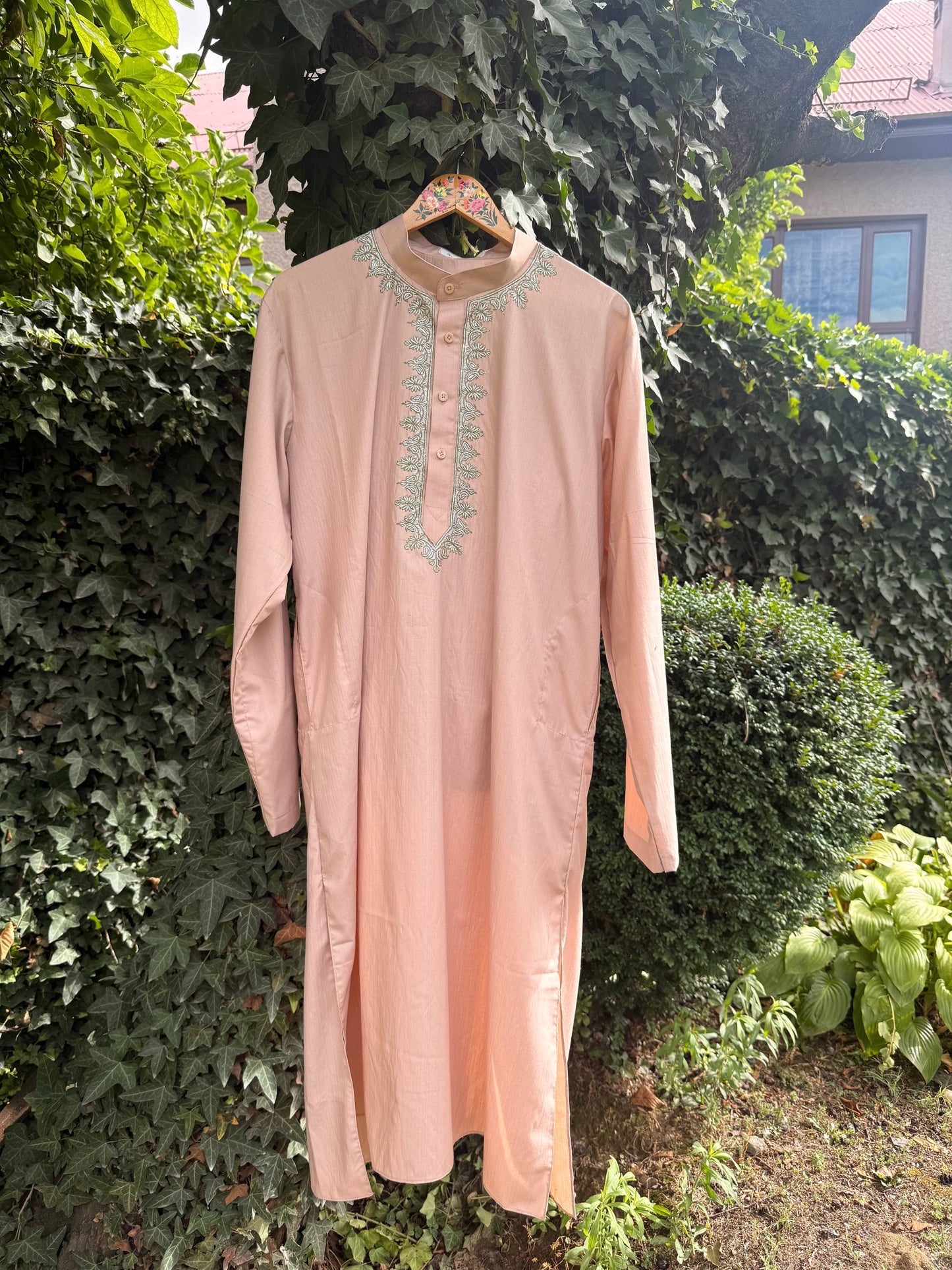 Men's 2-Piece Shalwar Kameez - Nun Chai Pink with Green Sozni Hand Embroidered Work on Neckline