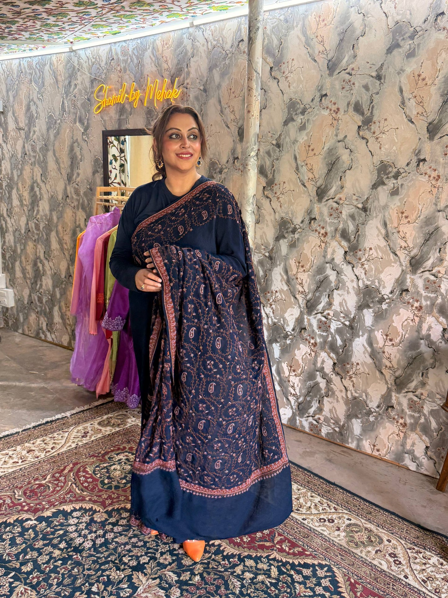 Navy Blue Crepe Saree with Hand Sozni Work with Sozni Embroidered Blouse