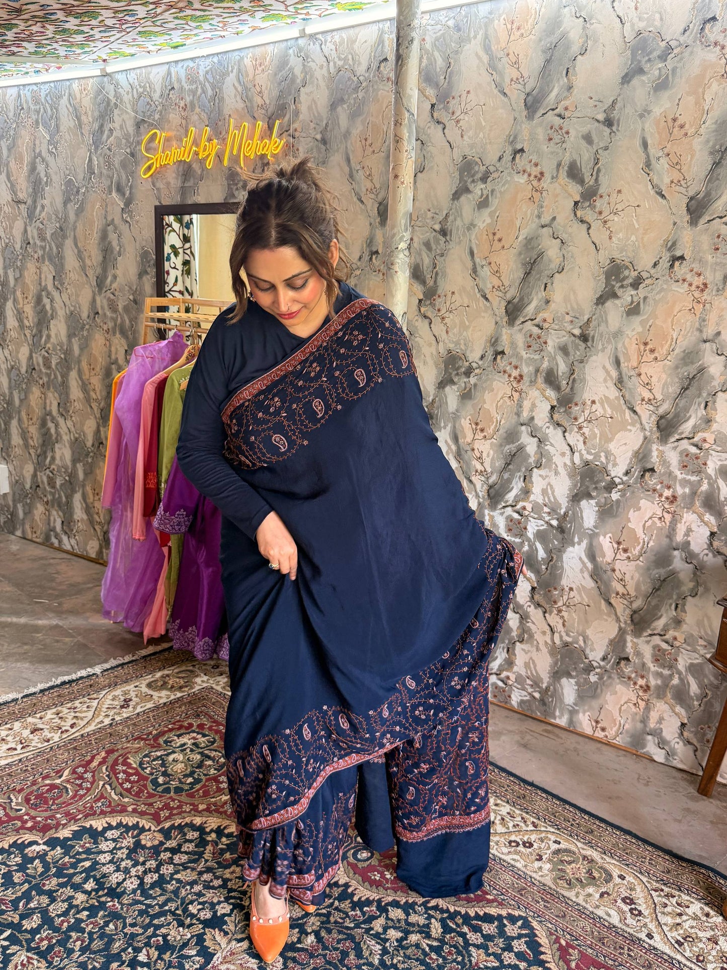 Navy Blue Crepe Saree with Hand Sozni Work with Sozni Embroidered Blouse