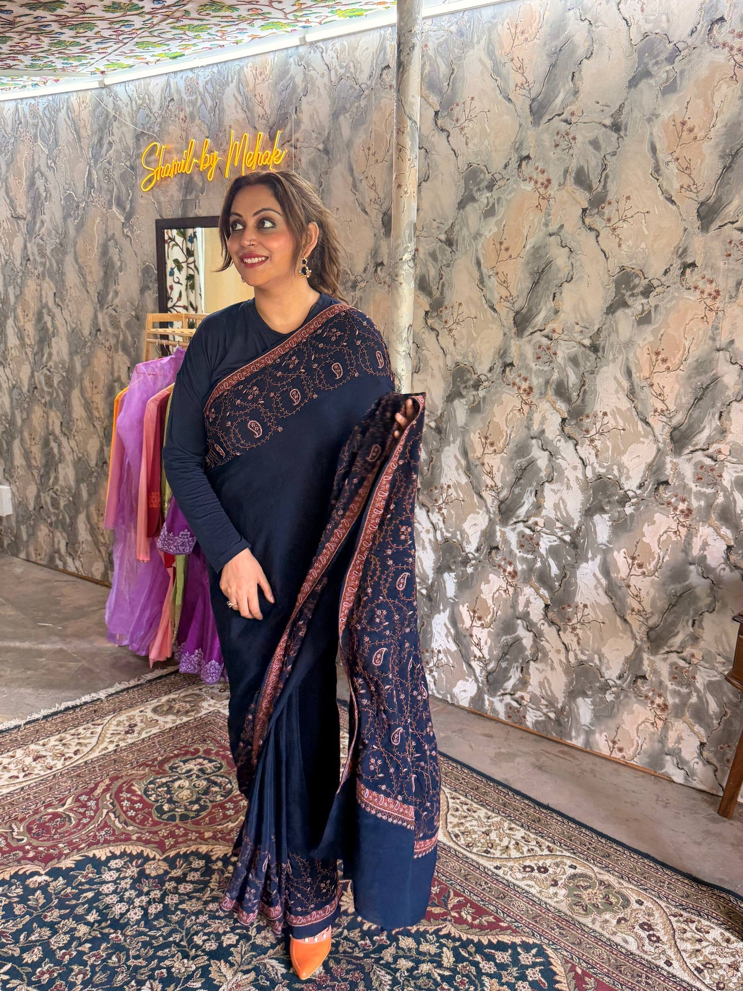 Navy Blue Crepe Saree with Hand Sozni Work with Sozni Embroidered Blouse