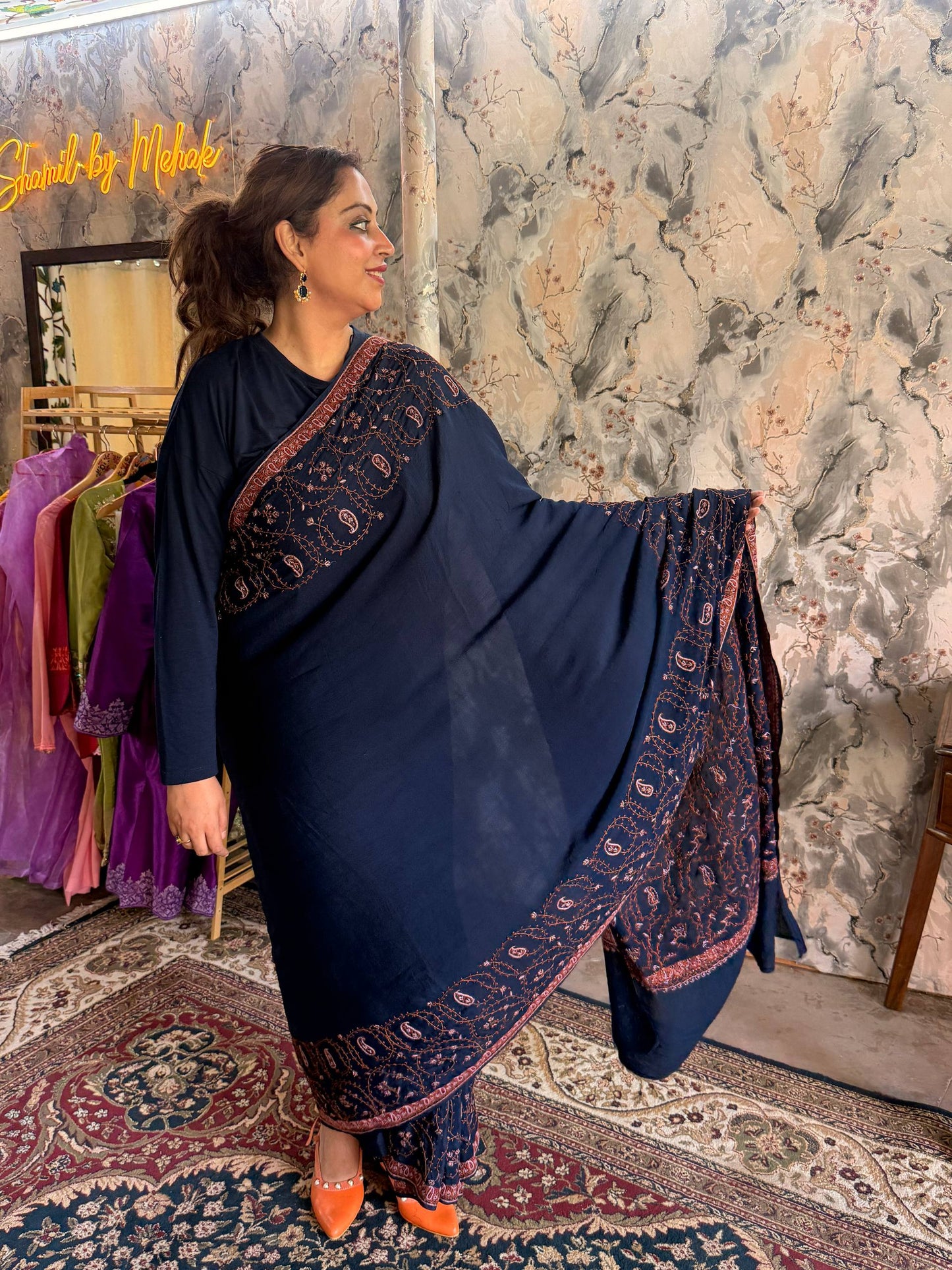 Navy Blue Crepe Saree with Hand Sozni Work with Sozni Embroidered Blouse
