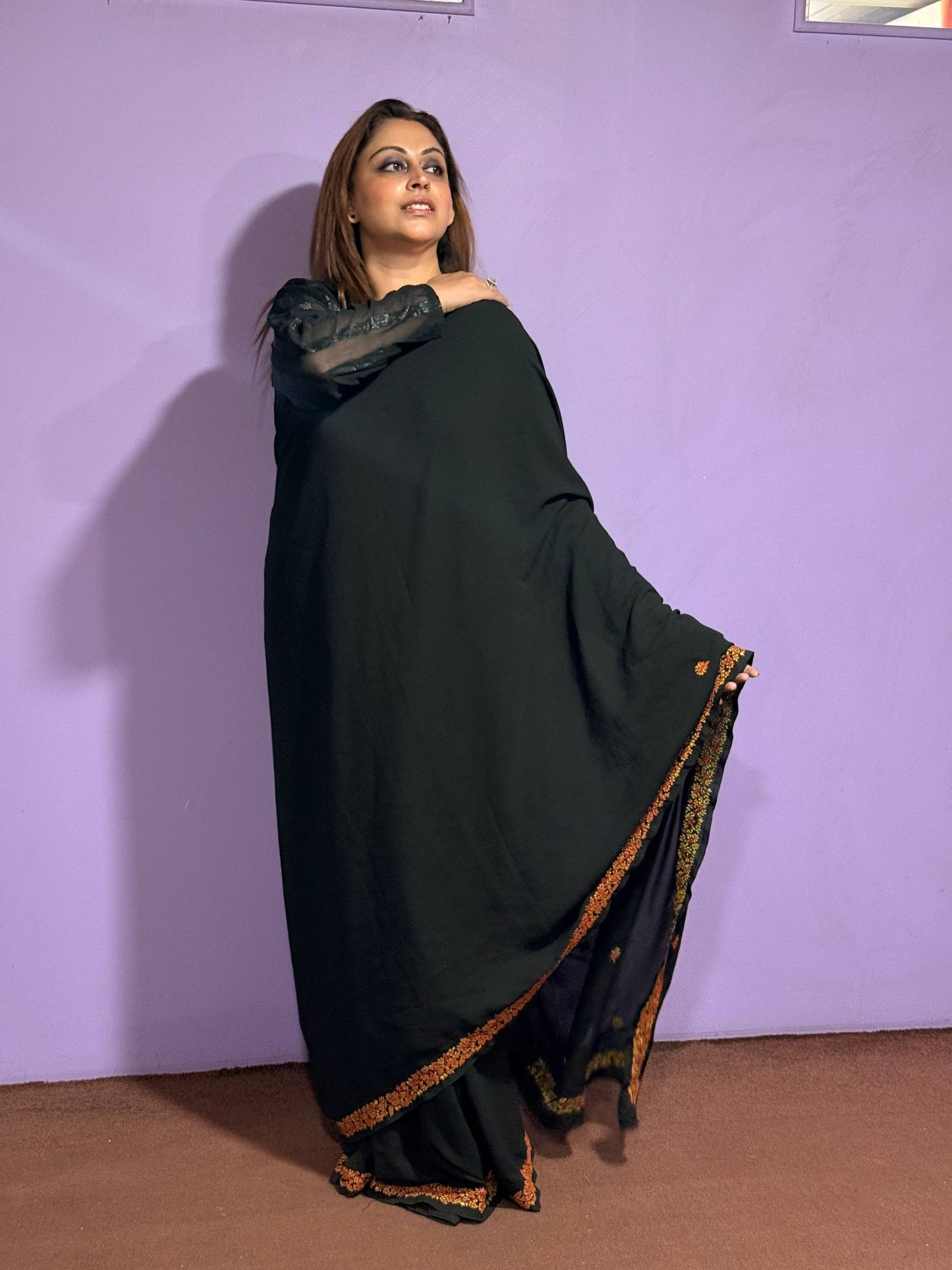 Black Georgette Saree with Hand Aari Work and Motifs