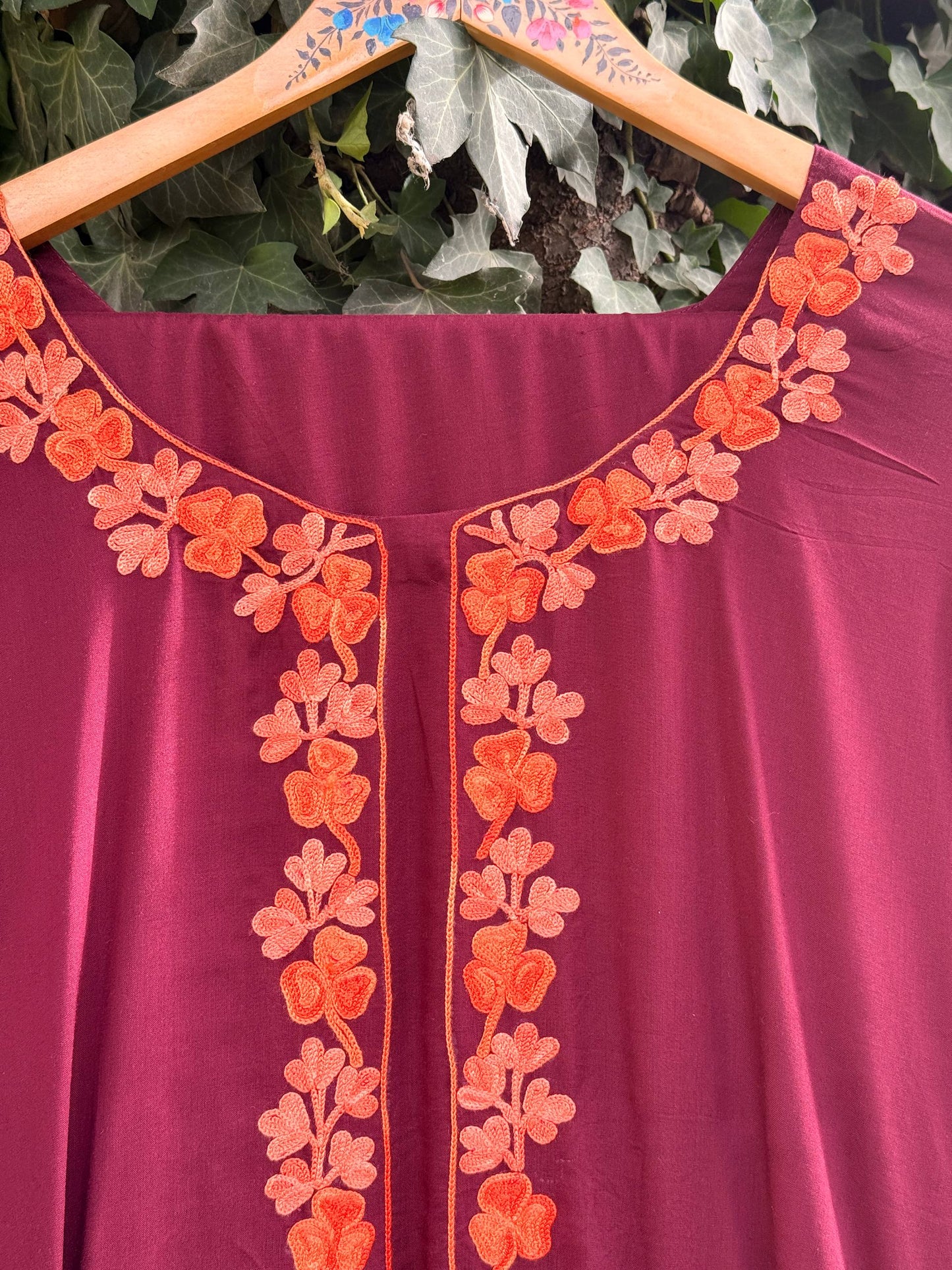 2 Piece Maroon and Orange Aari Corset Co-Ord with Farshi Shalwar