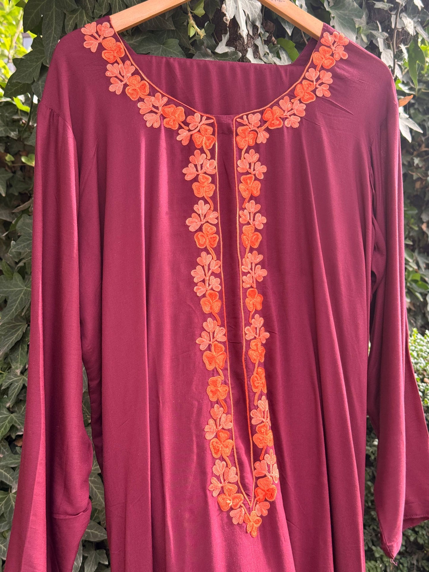 2 Piece Maroon and Orange Aari Corset Co-Ord with Farshi Shalwar