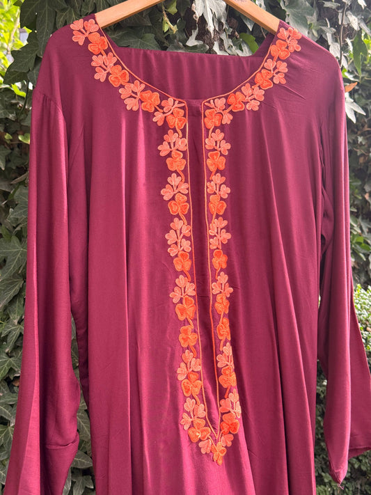 2 Piece Maroon and Orange Aari Corset Co-Ord with Farshi Shalwar