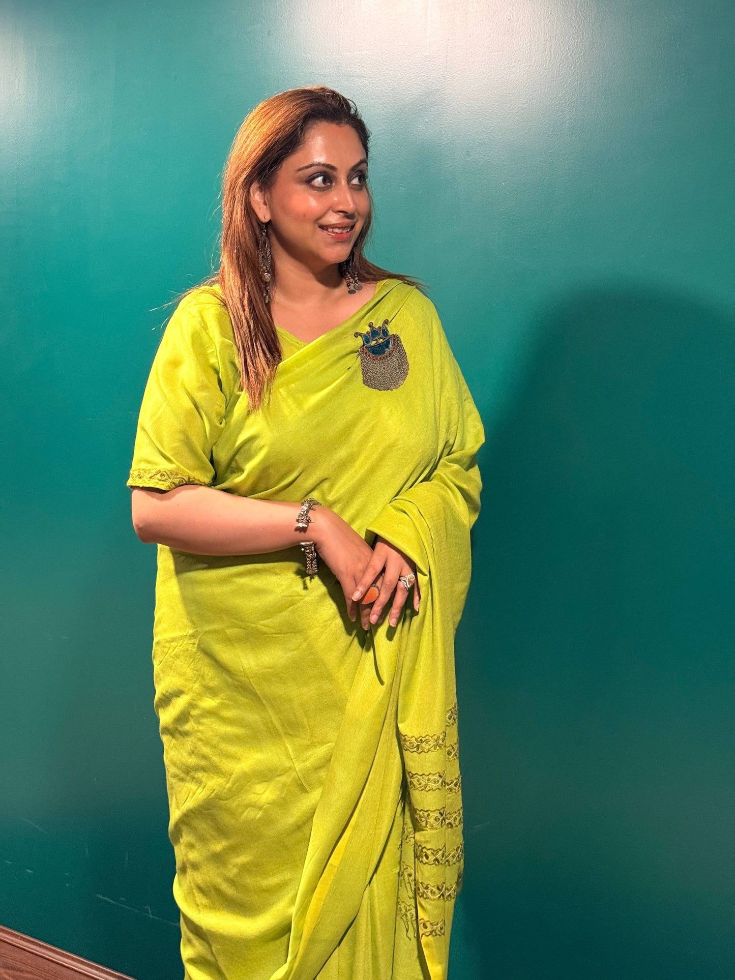 Cotton Neon Green Pre-Draped Aari Saree with Attached Blouse Fabric