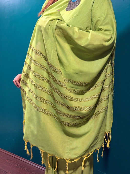Cotton Neon Green Pre-Draped Aari Saree with Attached Blouse Fabric