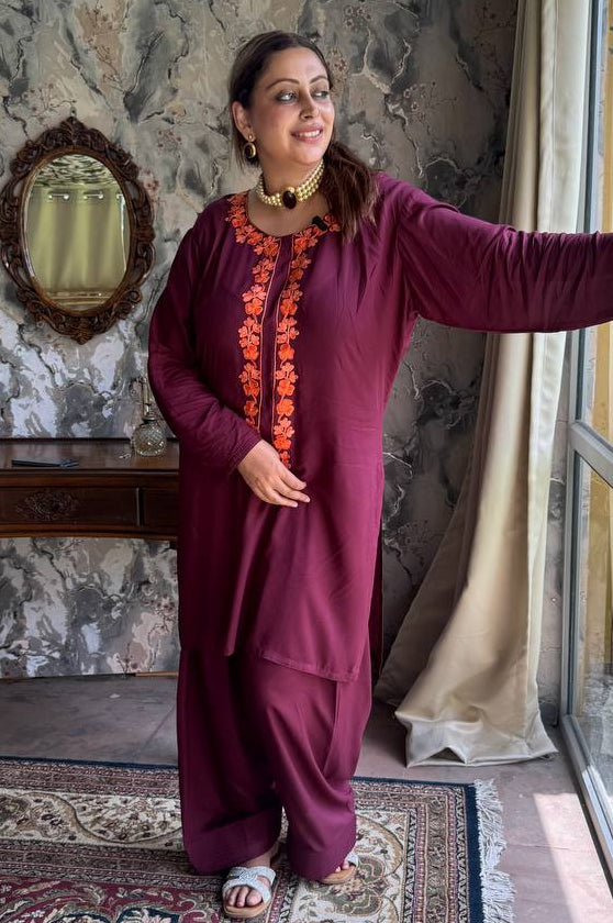 2 Piece Maroon and Orange Aari Corset Co-Ord with Farshi Shalwar